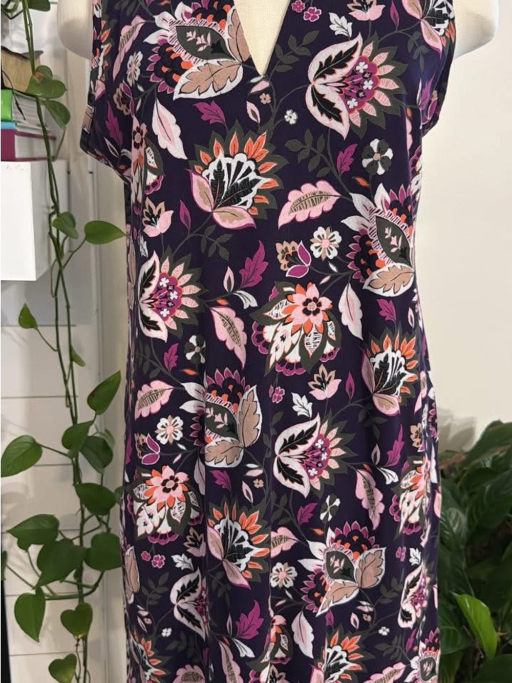 Lands' End Floral V-Neck Sleeveless Midi Dress in Purple, Pink and Orange